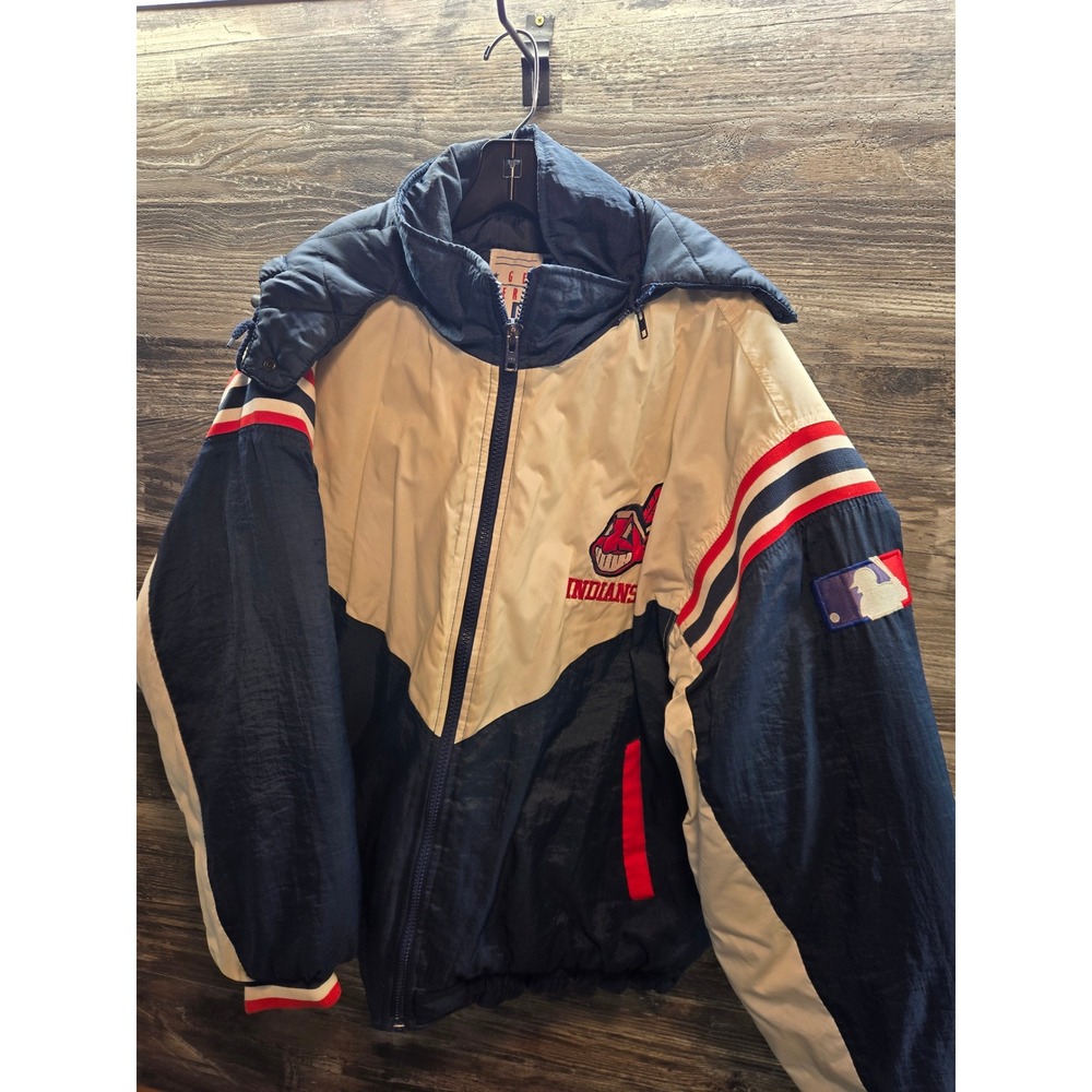 Vtg Pro Player Cleveland‎ Indians MLB Puffer Jacket Hooded Mens XXL Blue White